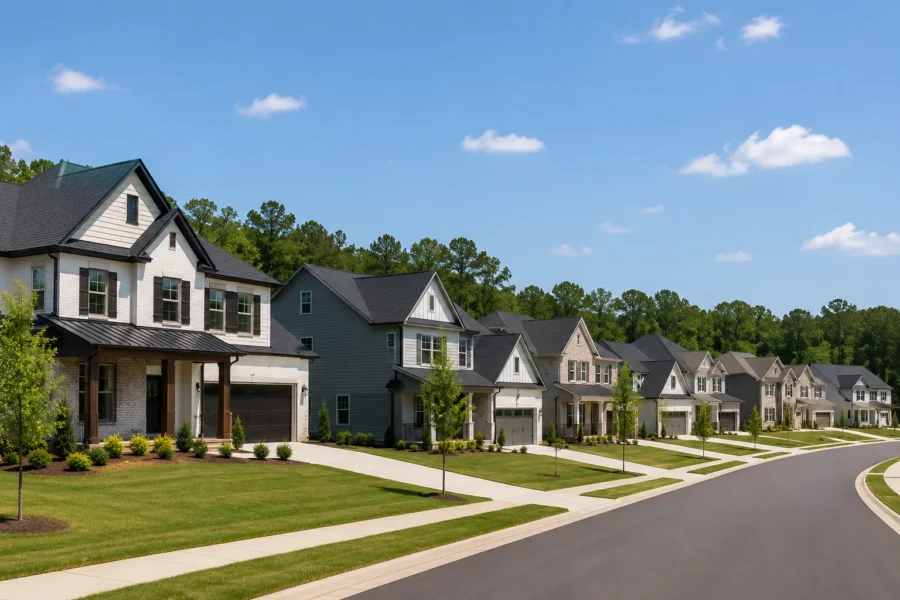 A street of new houses with front garages and young street trees