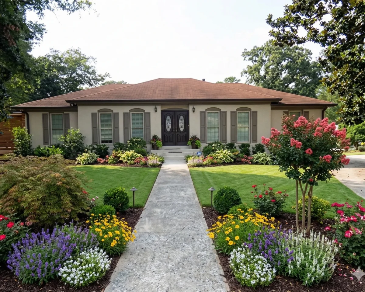 Stucco ranch with dark shutters, a straight walk and deep flower borders