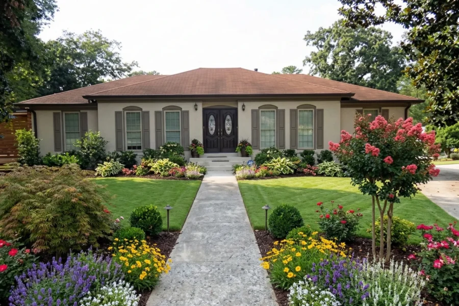 Stucco ranch with dark shutters, a straight walk and deep flower borders