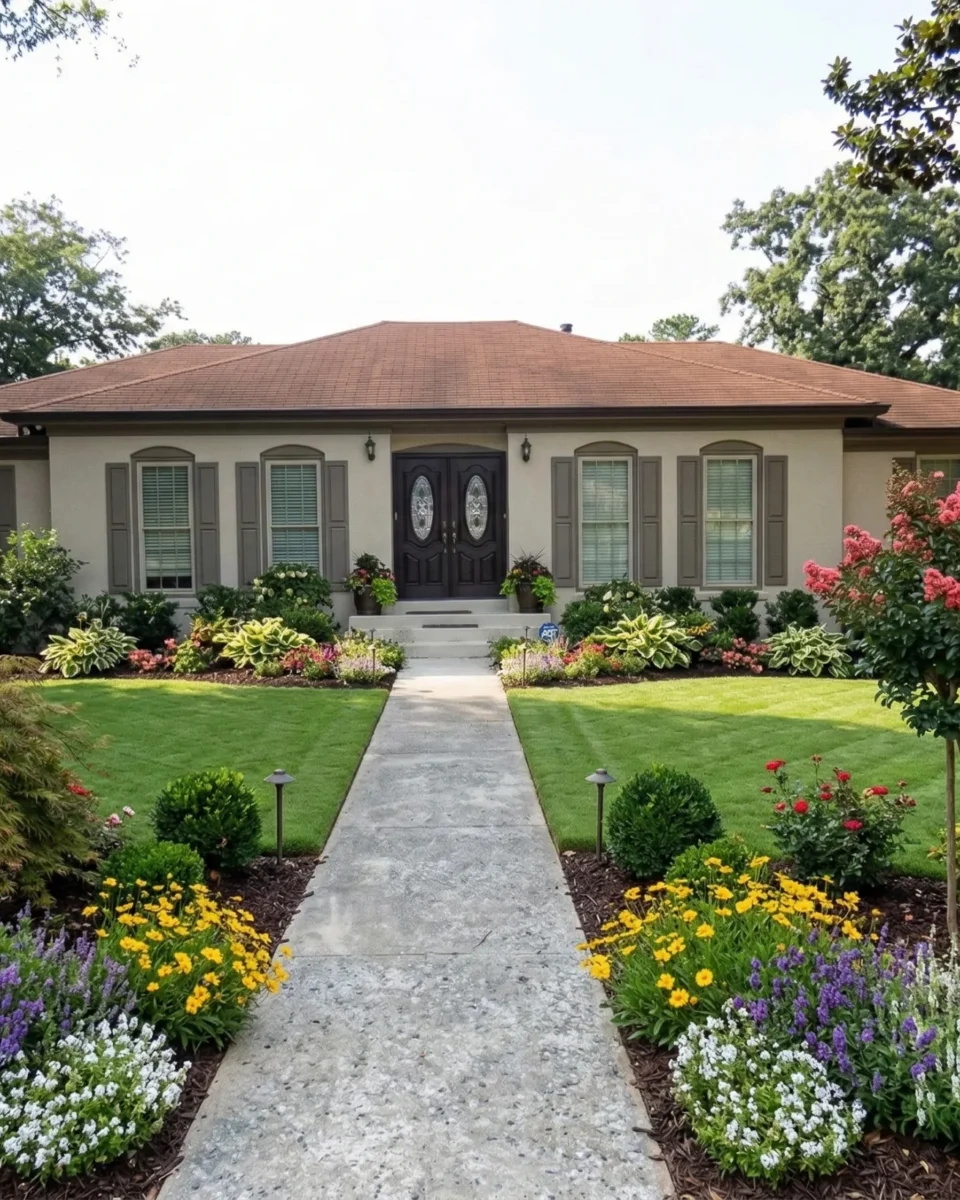 Stucco ranch with dark shutters, a straight walk and deep flower borders