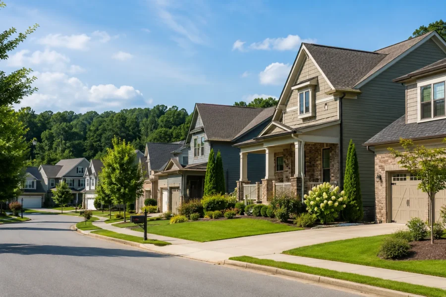 A suburban street of new houses with stone and shingle fronts