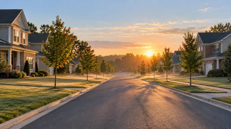 A wide view down the middle of a quiet suburban street of two story homes at sunrise, with low mist over the front lawns and long shadows across the asphalt