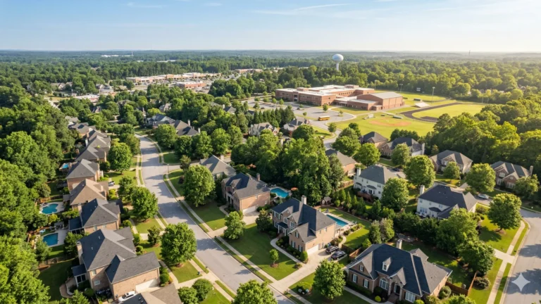 Aerial of a suburban subdivision of large houses with a school campus beyond