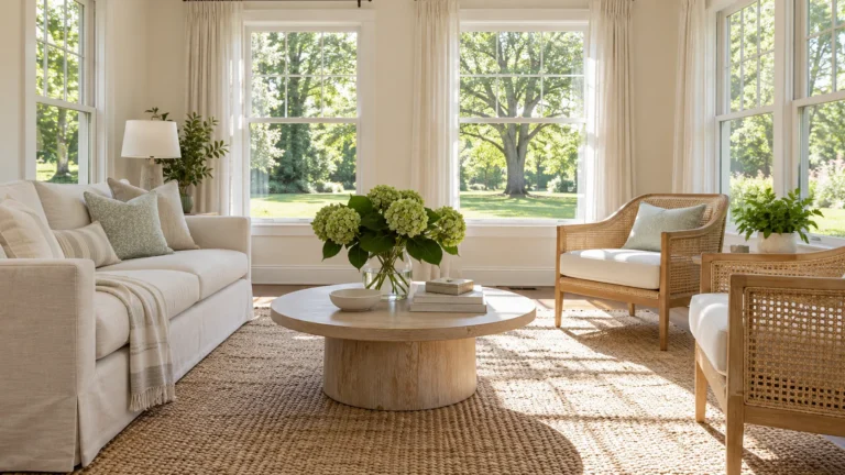 A bright staged living room dressed for summer with a pale linen sofa, light cane chairs, sheer curtains drawn back from tall windows and a vase of hydrangeas, in a pale neutral palette with strong summer daylight across a natural fibre rug