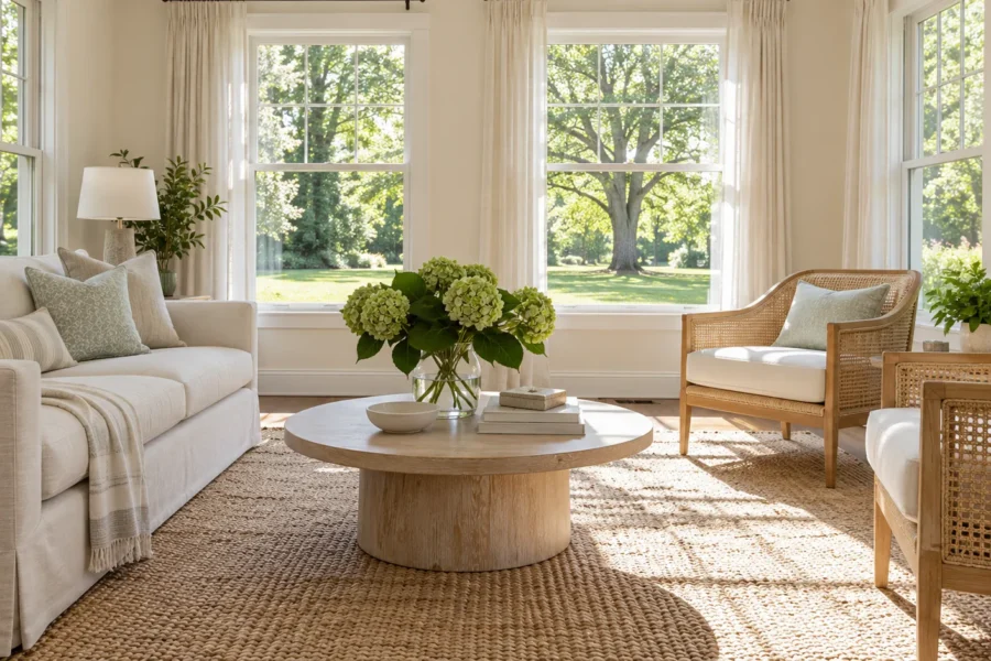 A bright living room with a pale sofa, cane chairs, and sheer curtains, ready for sale or rent