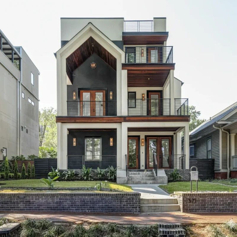 A tall modern townhouse with a gabled front and stacked balconies