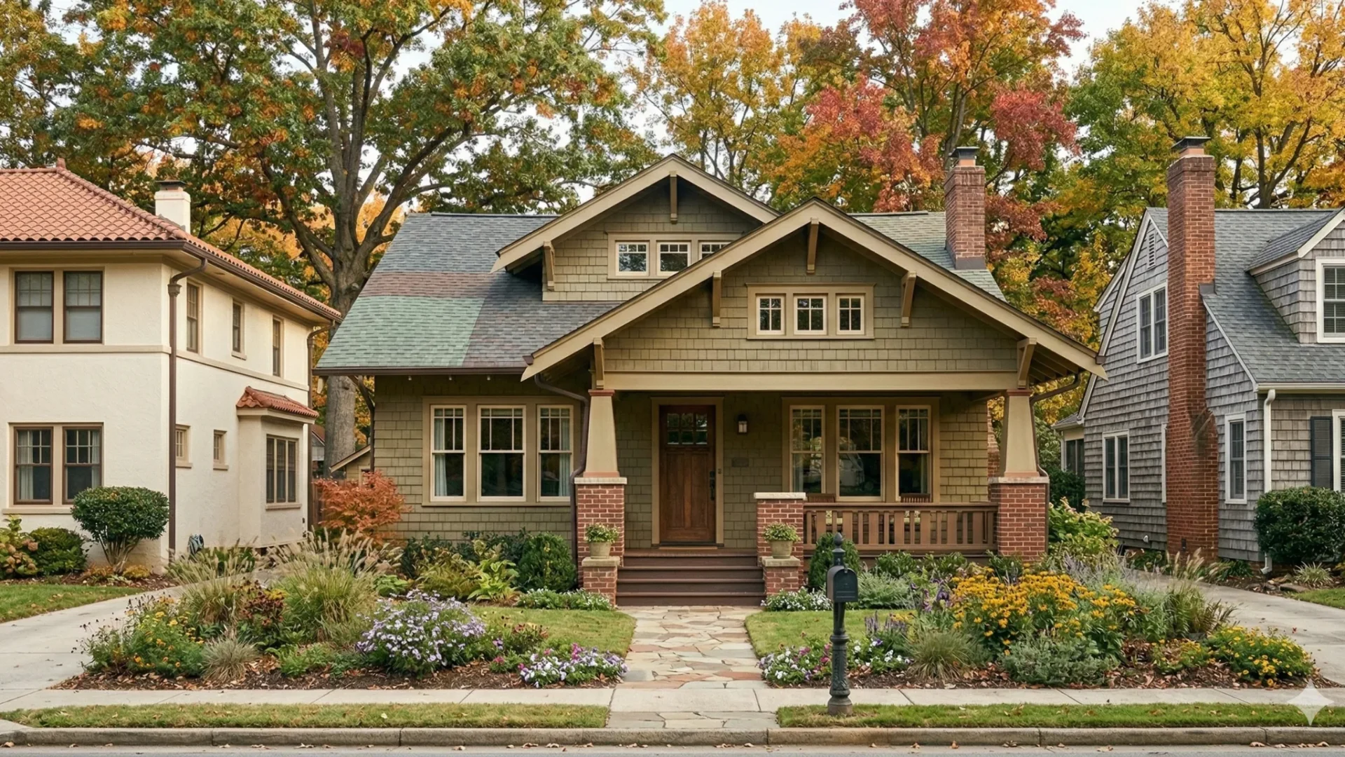 A tan Craftsman bungalow with brick porch piers under autumn trees