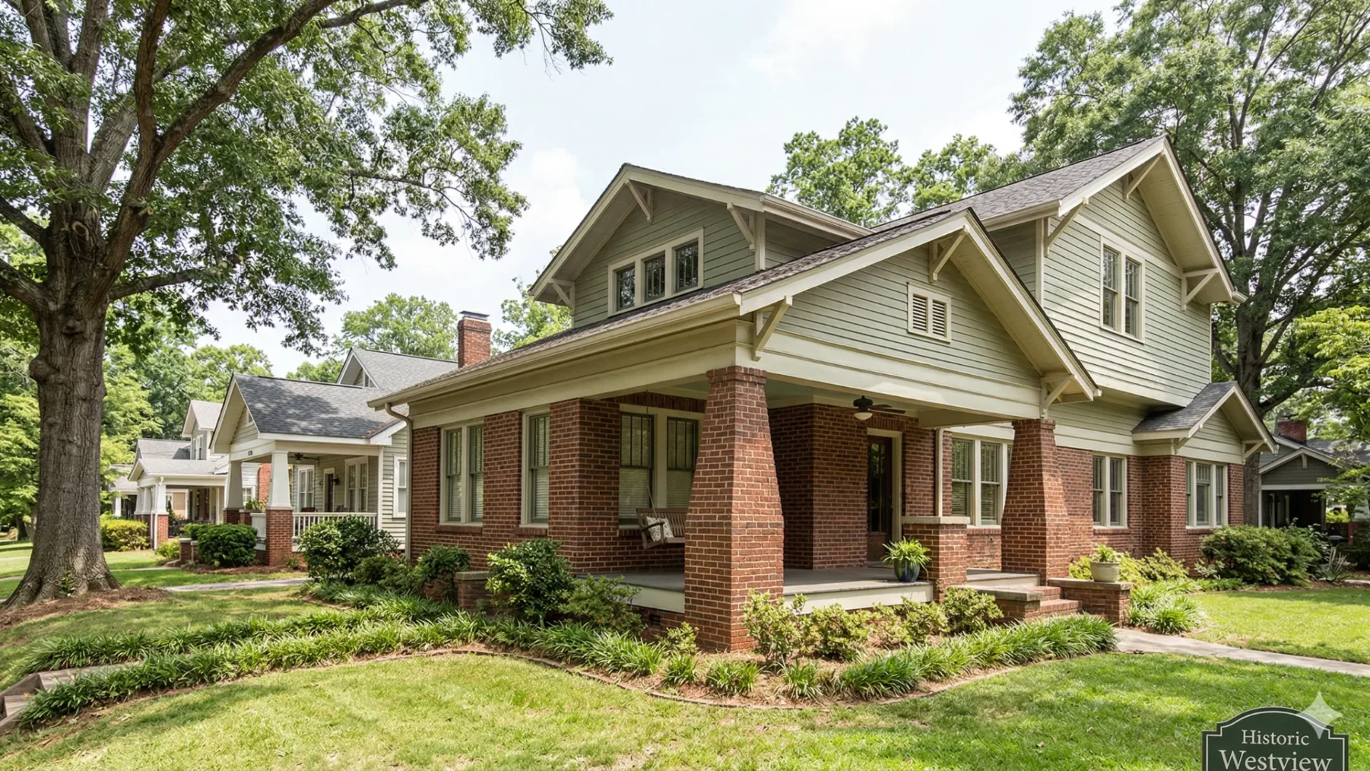 A tan Craftsman bungalow with brick porch columns under large trees