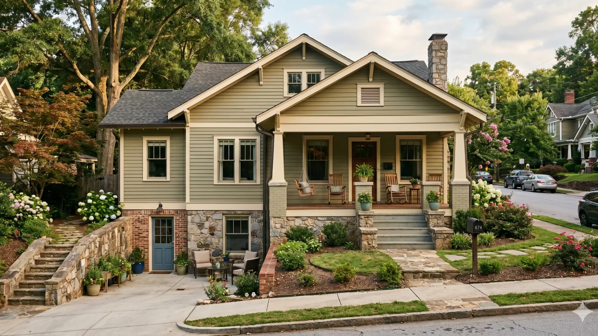 A tan Craftsman bungalow with a stone porch base and a stepped front walk