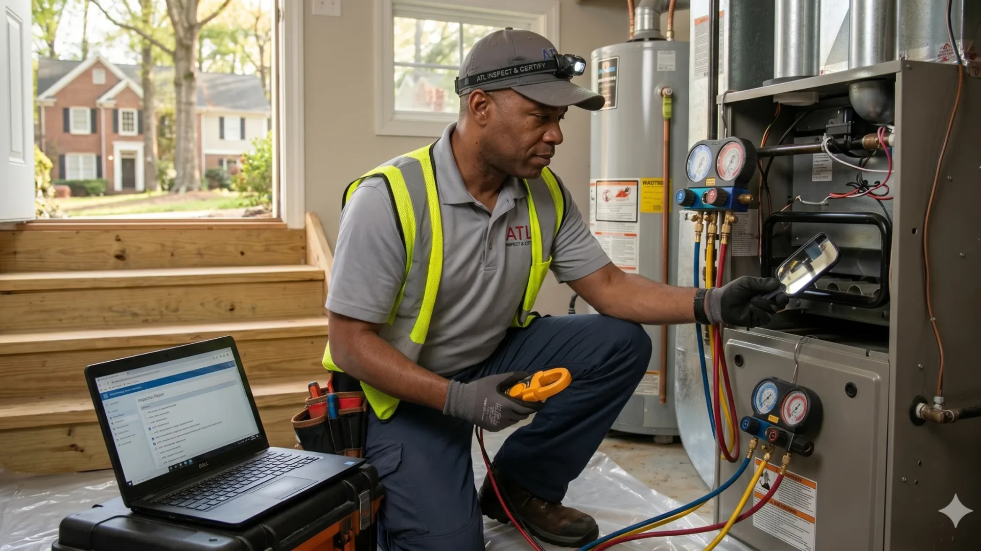 A technician testing a water heater and furnace with a laptop and pressure gauges