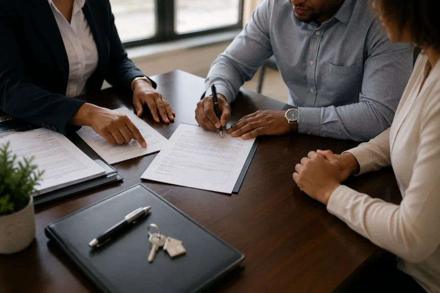 Three people at a table signing documents with a set of house keys beside them