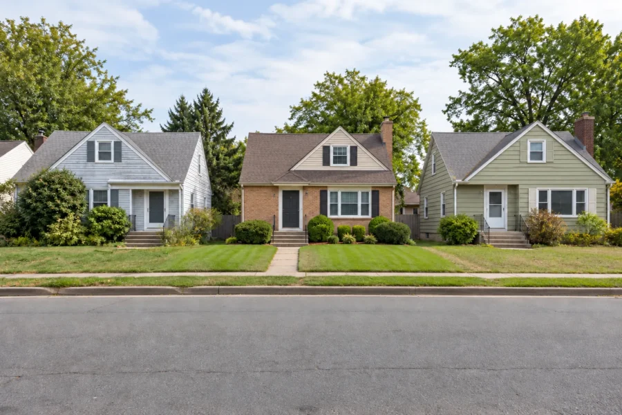 Three similar one and a half storey houses side by side on one street, alike in scale but different in siding colour and upkeep, seen from across the road