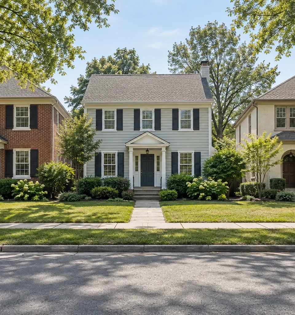 Three houses of similar scale side by side on one street
