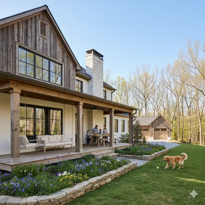A timber and stone house with a covered porch and a dog crossing the lawn