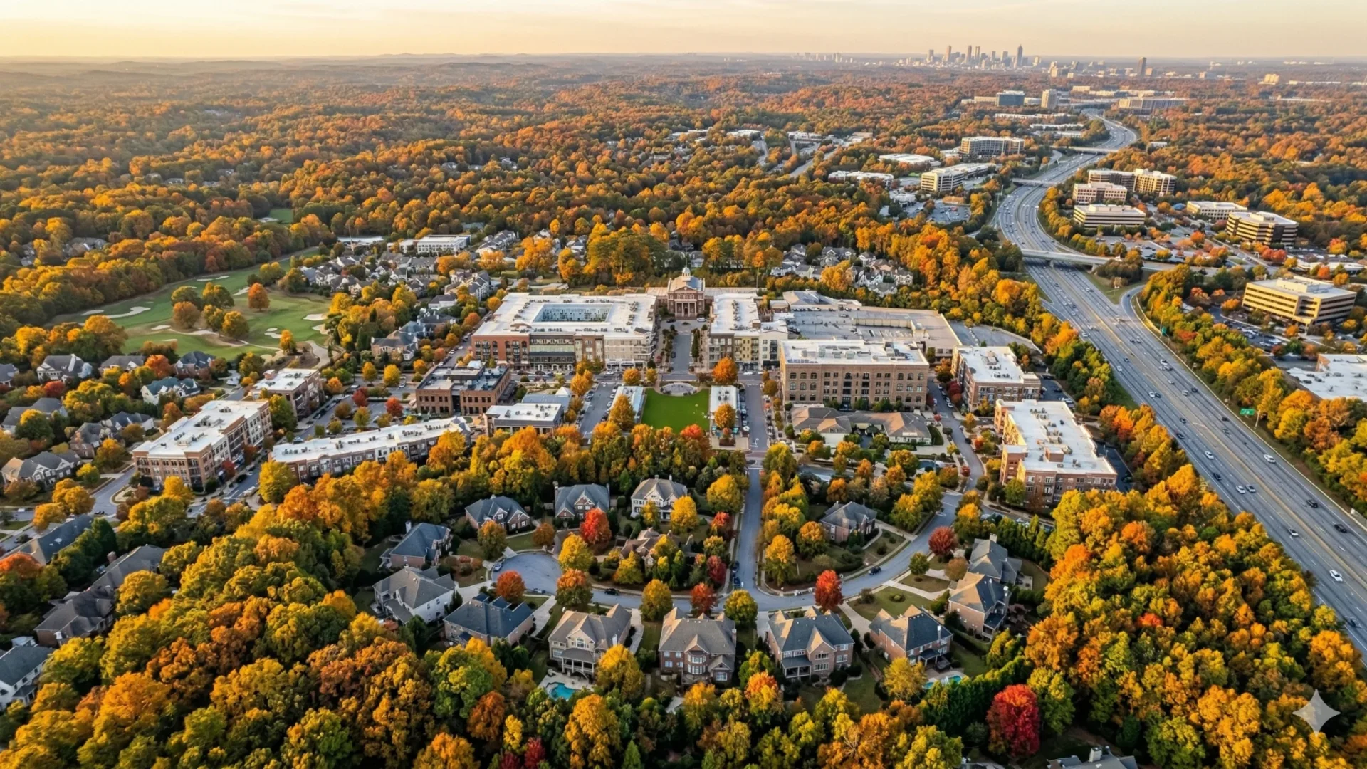 Aerial of a town centre in autumn colour with a highway and the skyline beyond