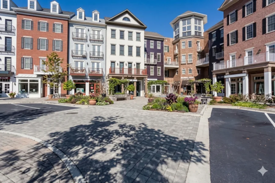Brick and siding town centre with balconies, storefronts and a paved plaza
