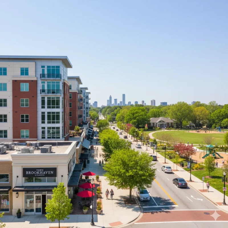 A town centre street with mid rise apartments, shopfronts and the skyline beyond