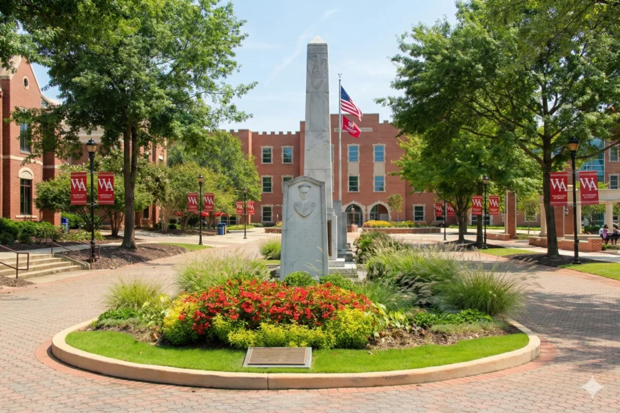 A town square roundabout with a stone monument and a circular flower bed