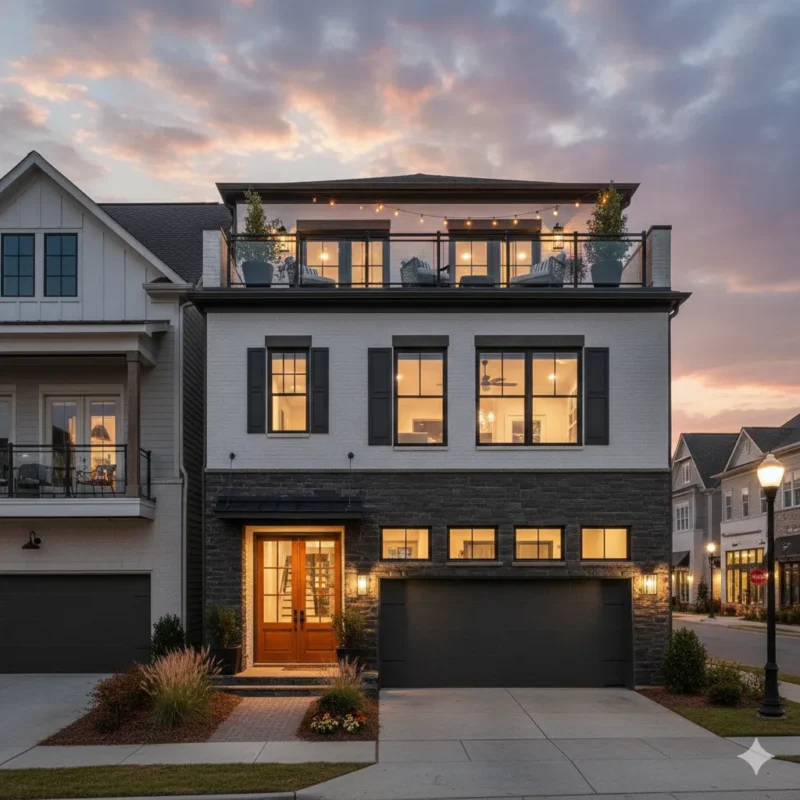 A townhouse with a lit rooftop terrace at dusk on a street corner