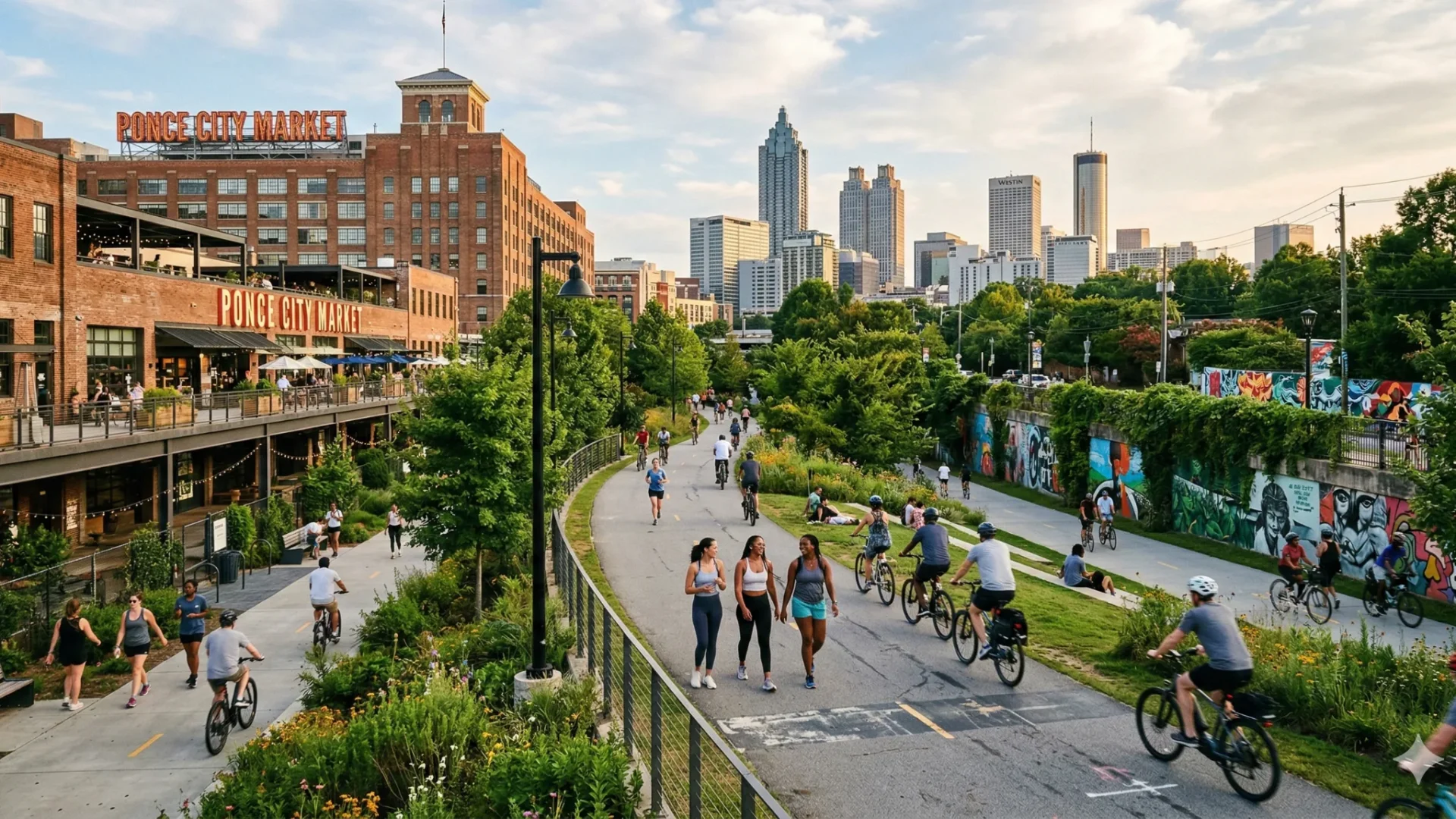 A paved trail beside a brick market building with cyclists and the skyline behind