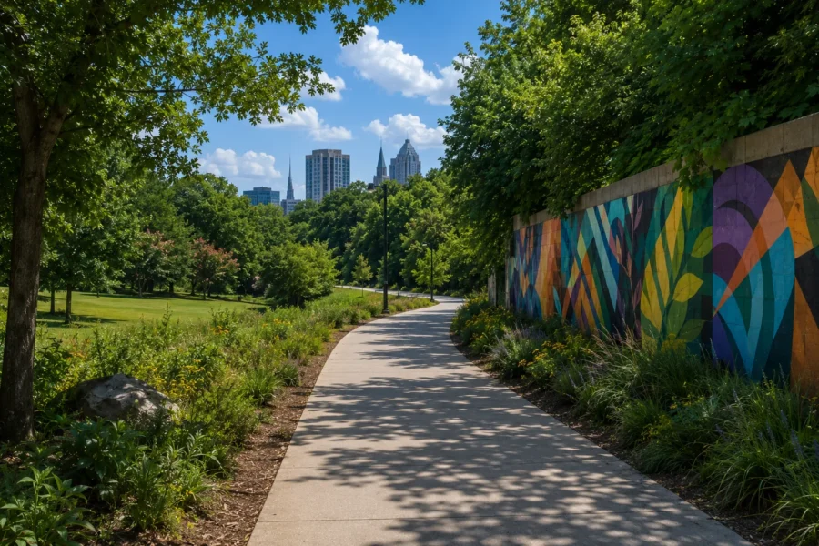 A paved trail running past a large colourful mural with the skyline beyond