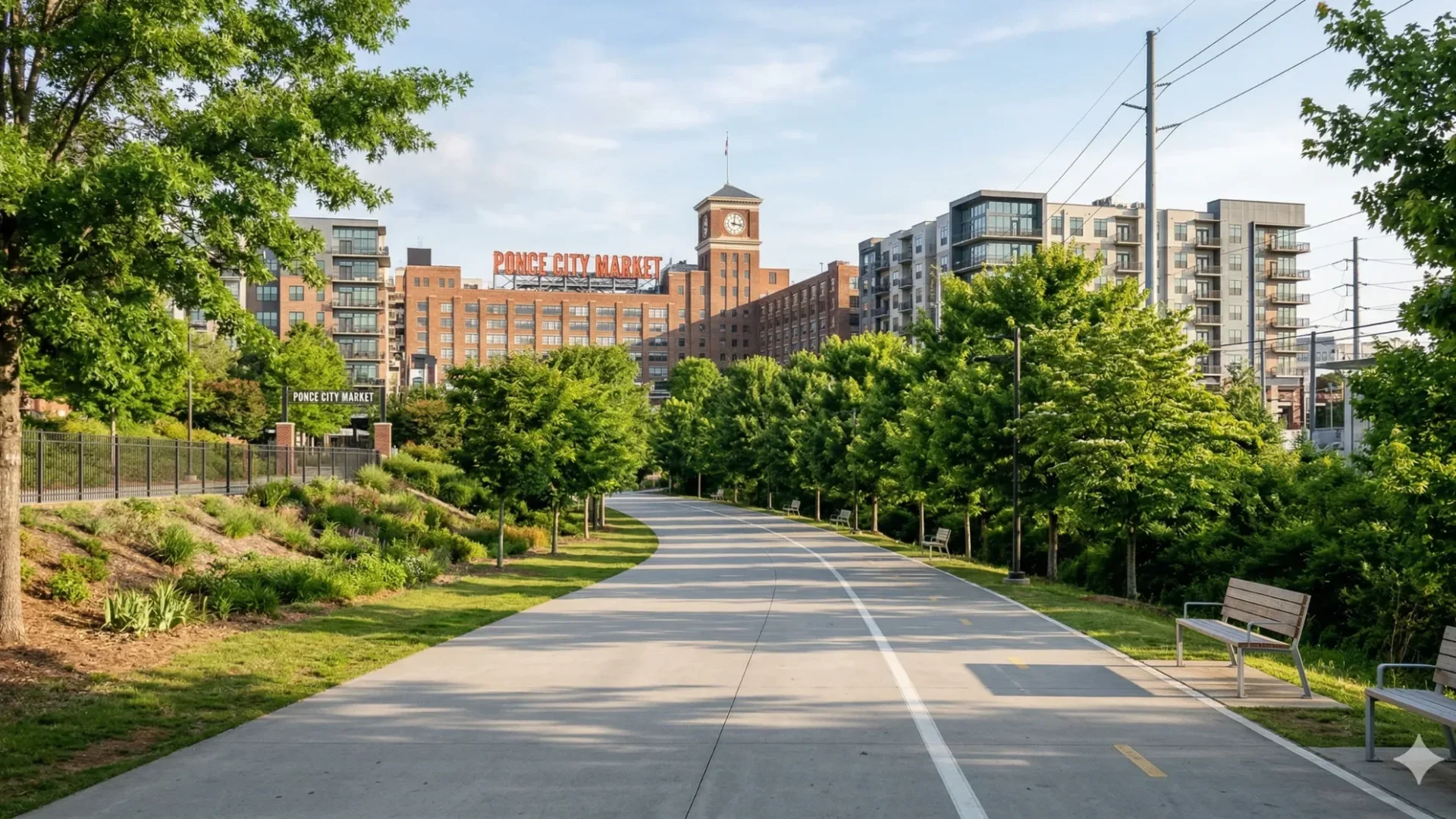 A wide paved trail running past a converted brick mill and new apartments