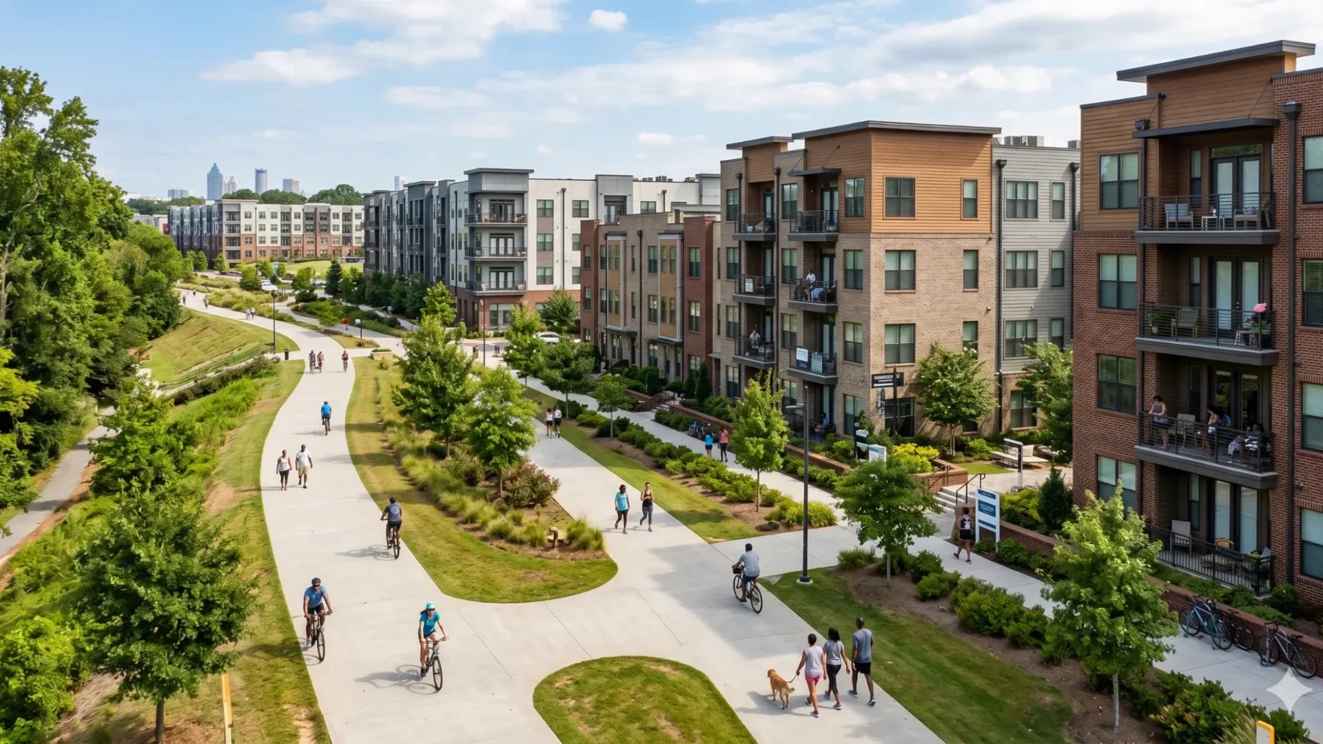 A trail with cyclists and walkers running beside new mid-rise apartments