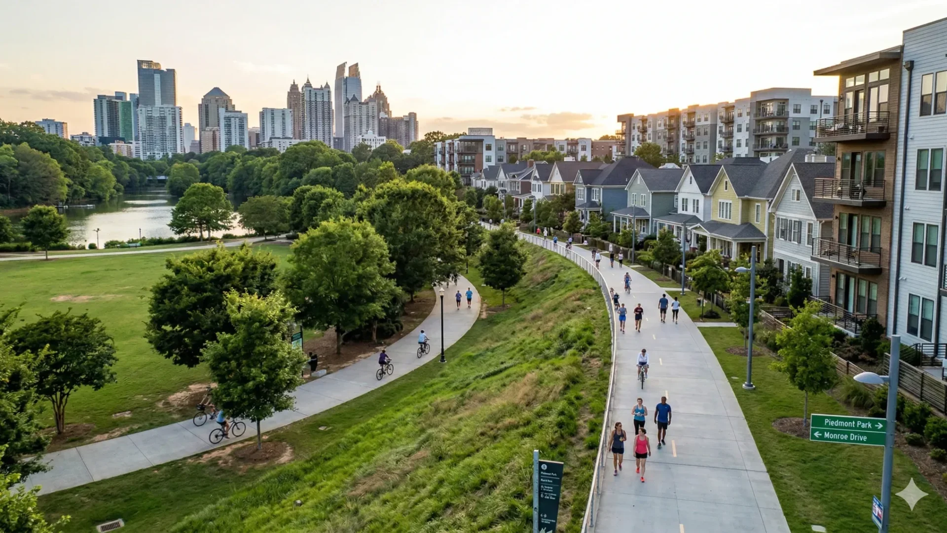 A trail beside a park lake with townhomes and the skyline behind