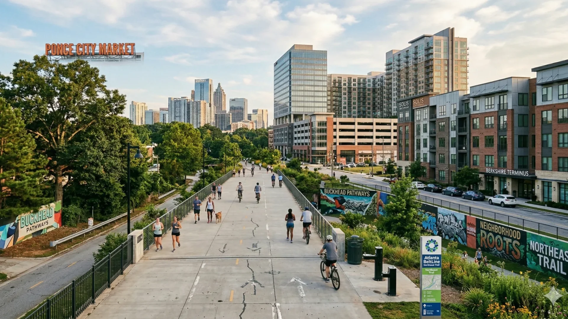 A paved trail with people walking and cycling past new mid-rise buildings