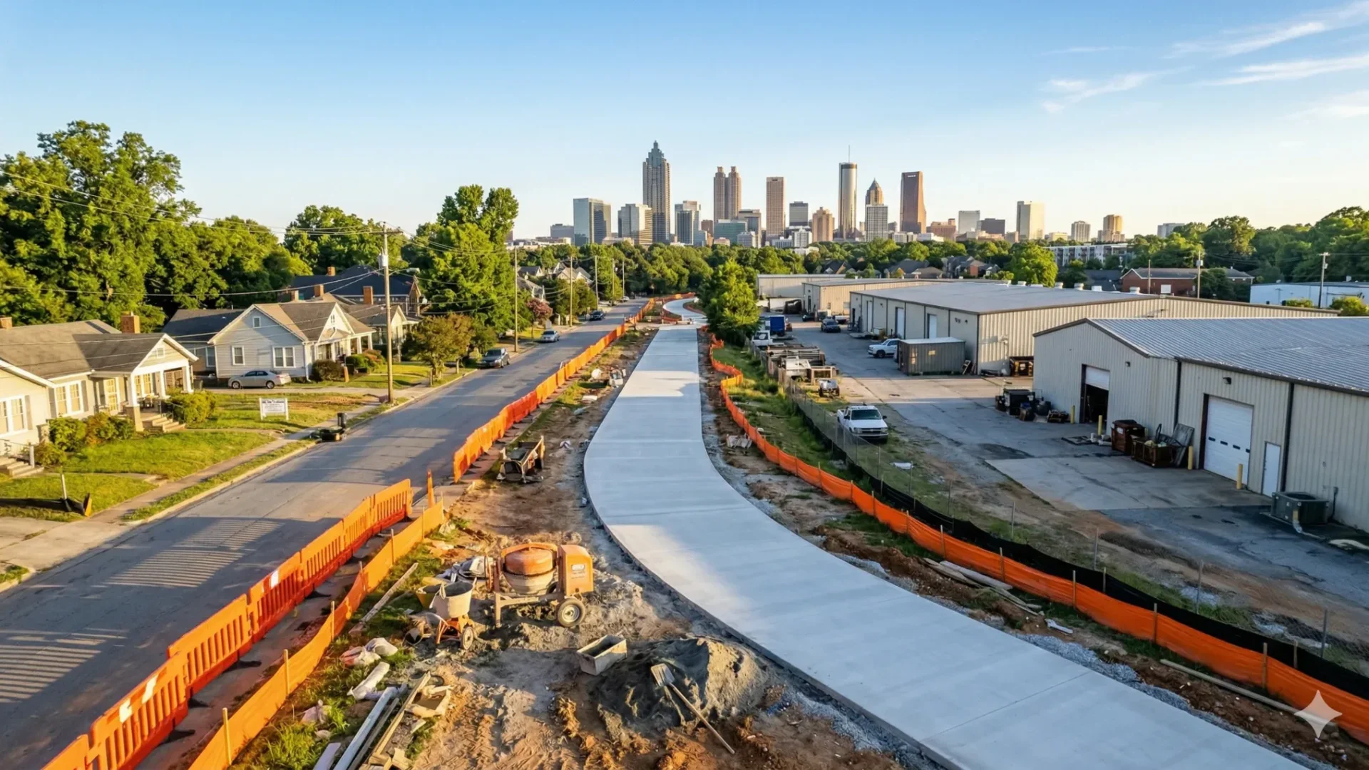 A new concrete trail under construction between warehouses with the skyline in the distance