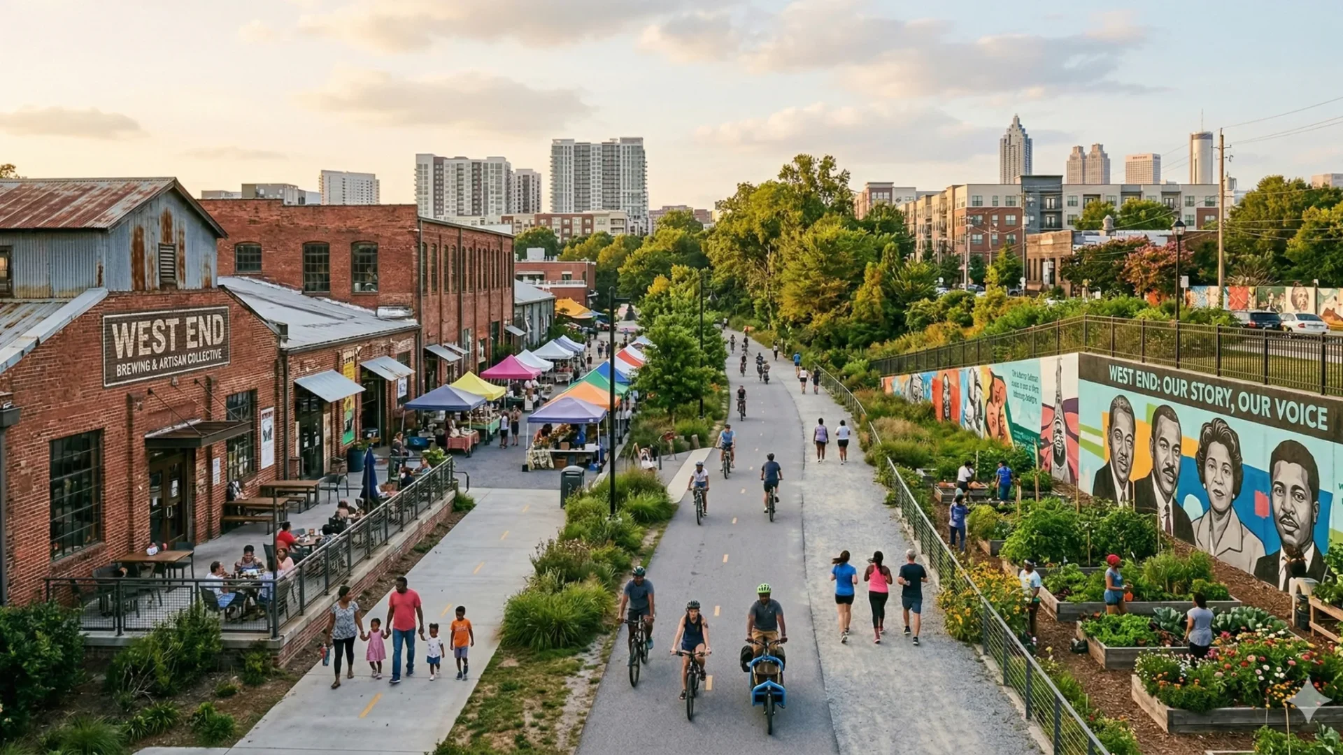 A paved trail past a market building with stalls, a mural and people walking