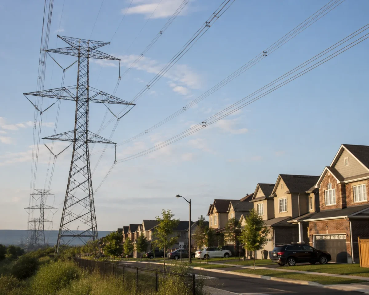 Electrical transmission towers and power lines running past the rooftops of a subdivision