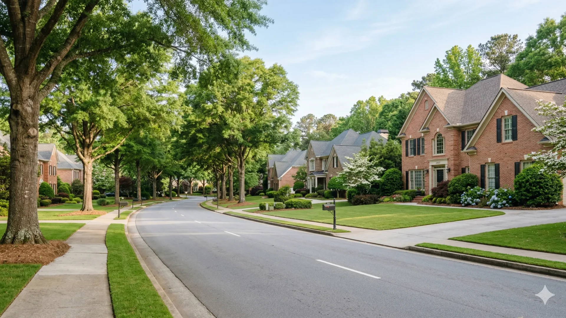 Tree-lined street of brick houses with wide front lawns