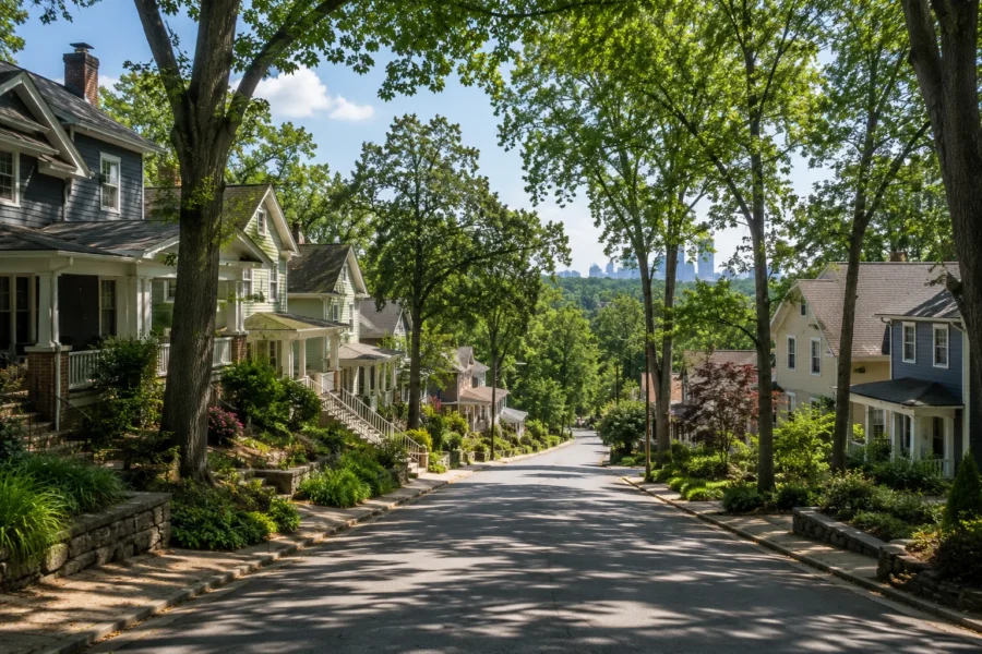 A tree lined residential street sloping downhill between houses