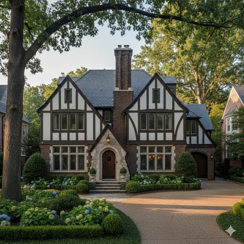 A Tudor house with half timbering and an arched front door behind clipped hedging