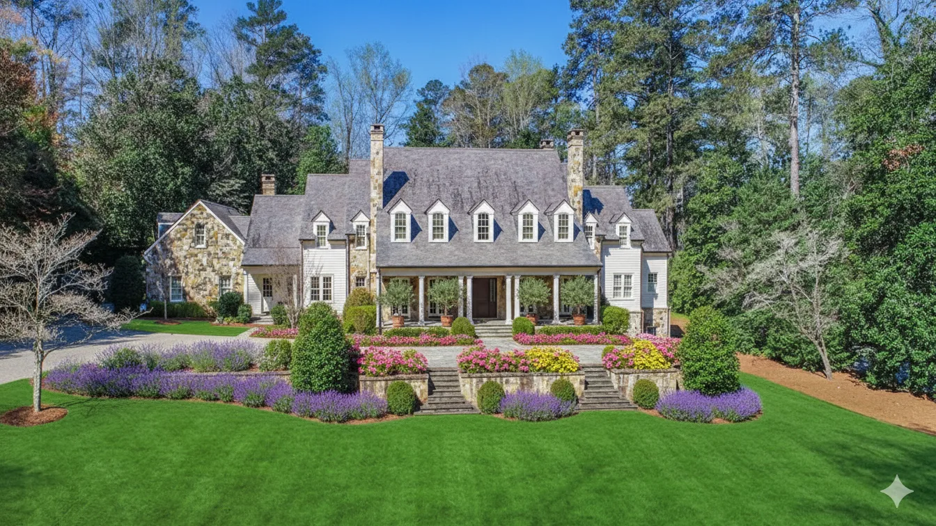 Stone and stucco estate behind a long lavender-lined lawn