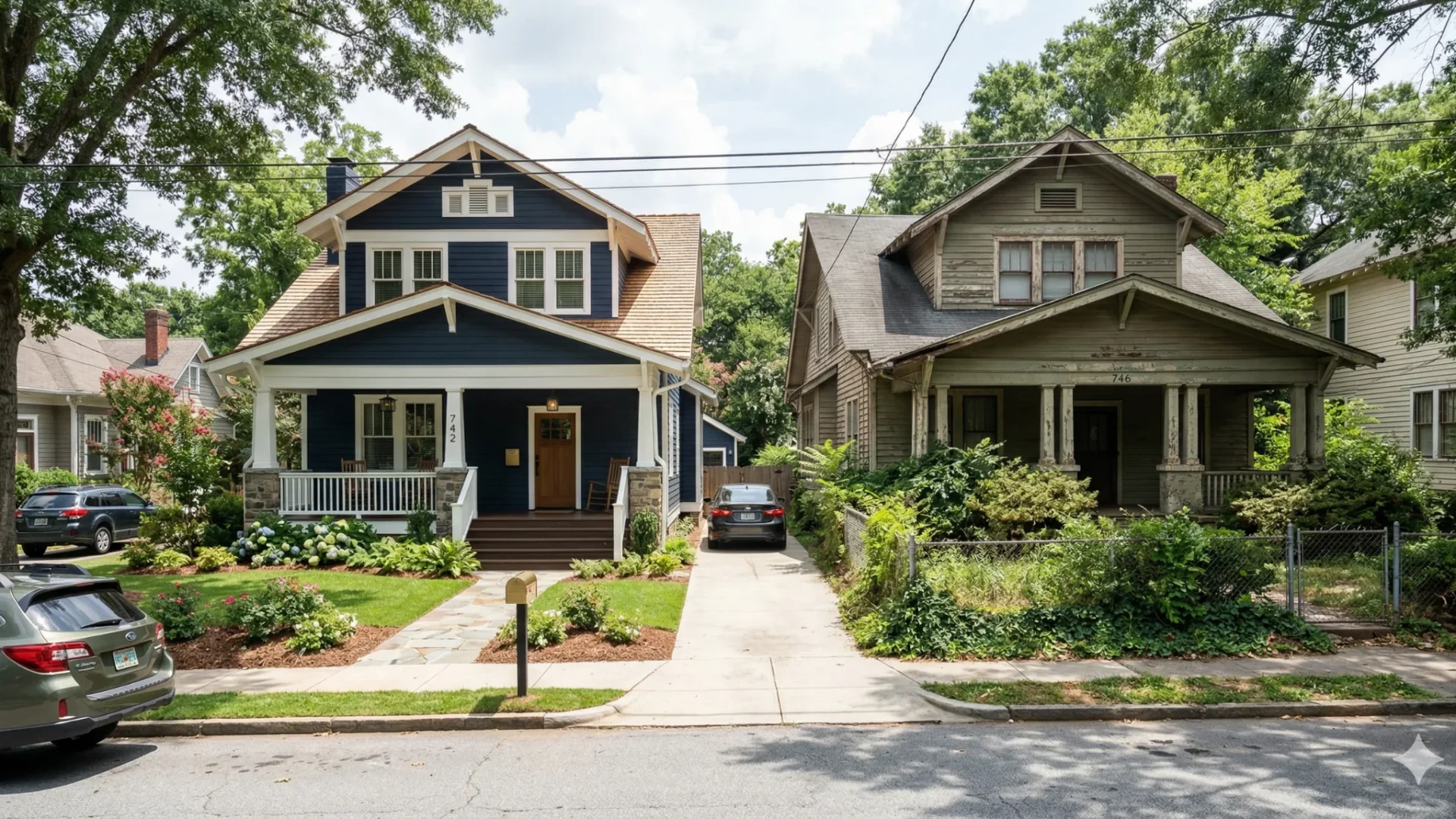 Two Craftsman bungalows side by side, one restored in navy and one left unrenovated