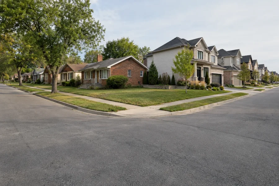 A street junction where a row of older single storey brick houses on one side meets a row of newer larger two storey houses on the other