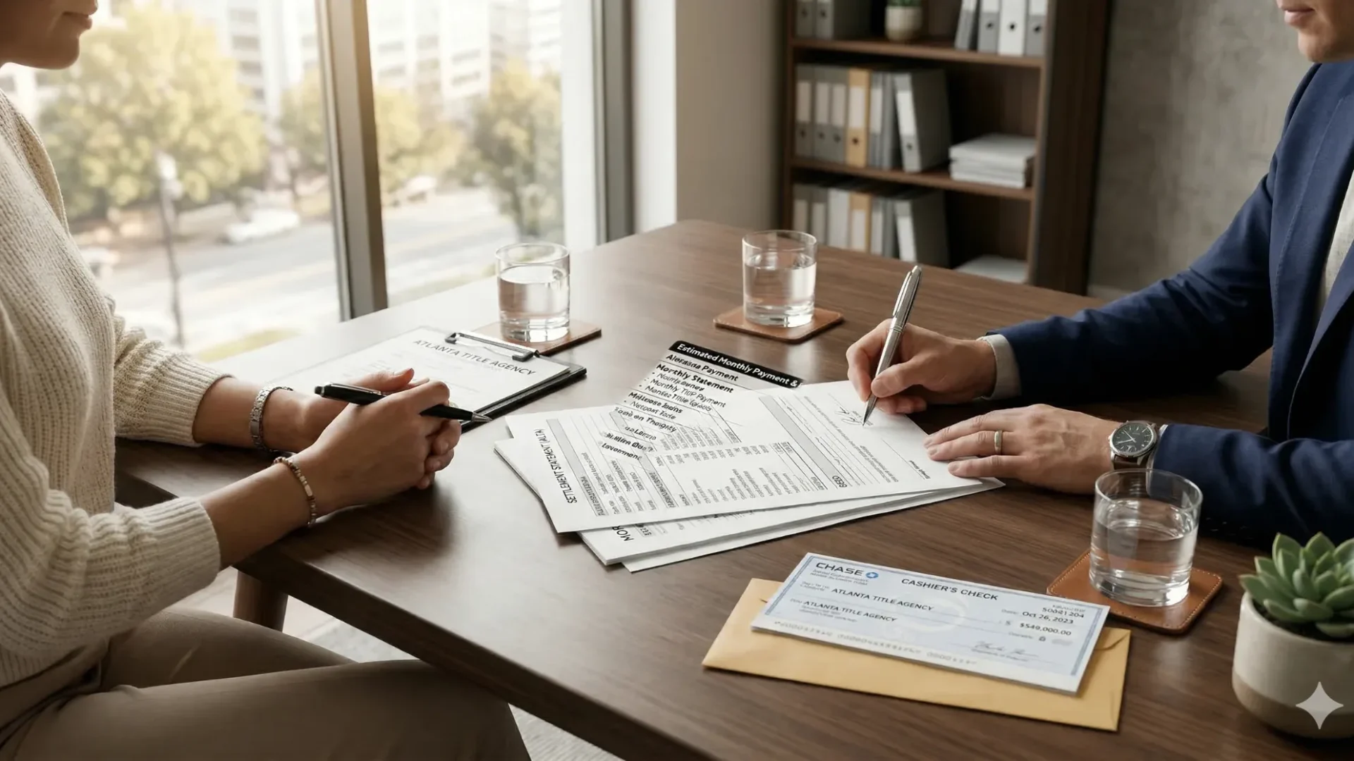 Two people at a table going over a closing cost worksheet, one of them signing