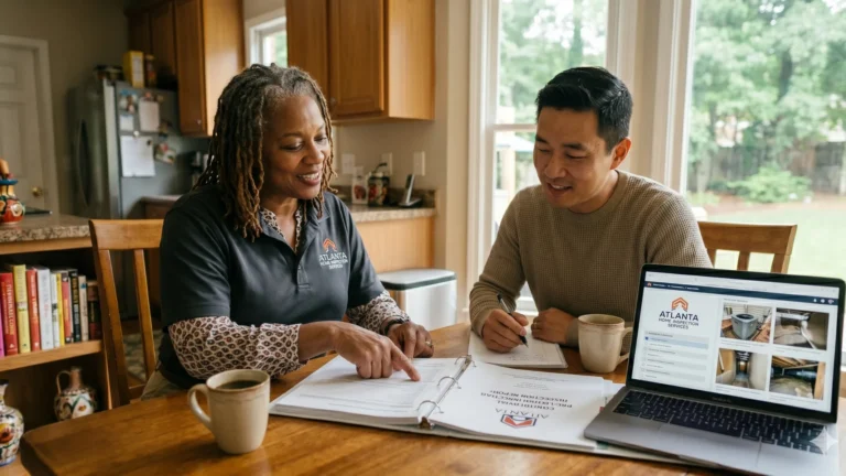 Two people at a kitchen table going through an inspection binder beside a laptop