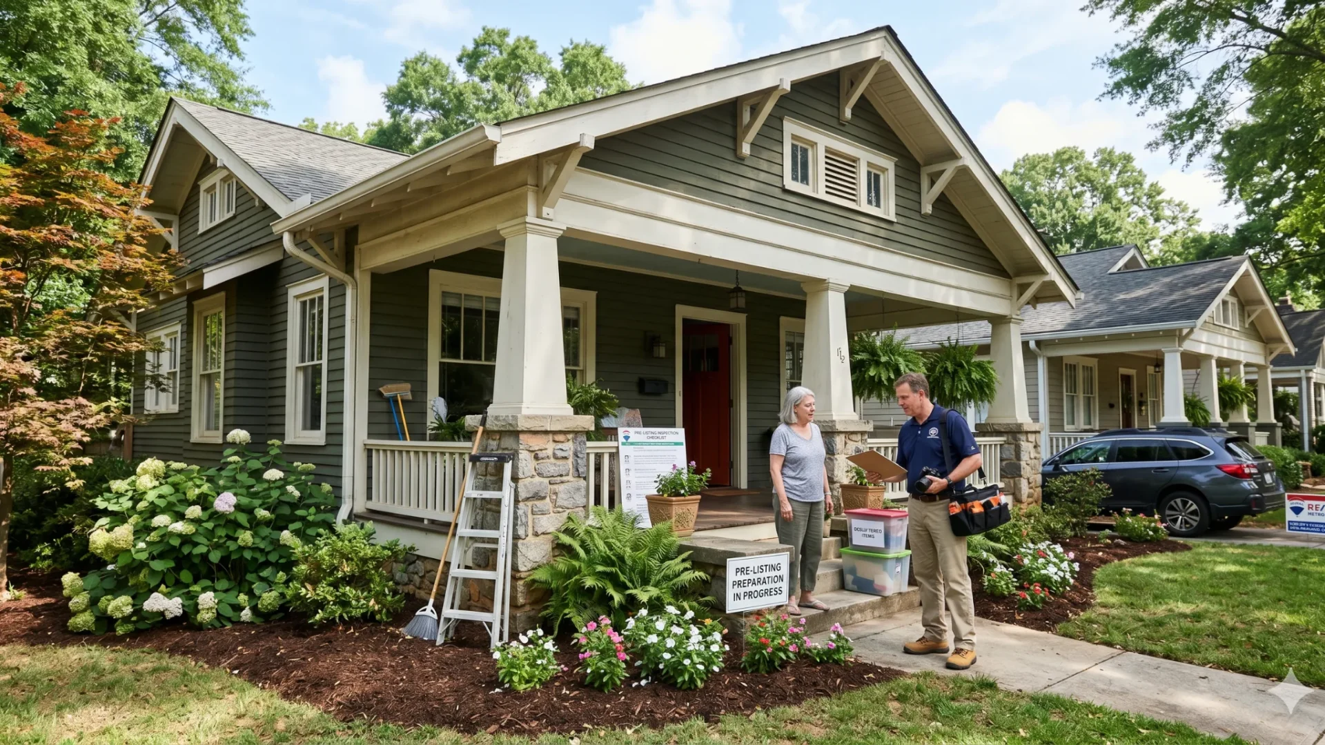 Two people talking on the porch steps of a Craftsman bungalow beside an inspection ladder