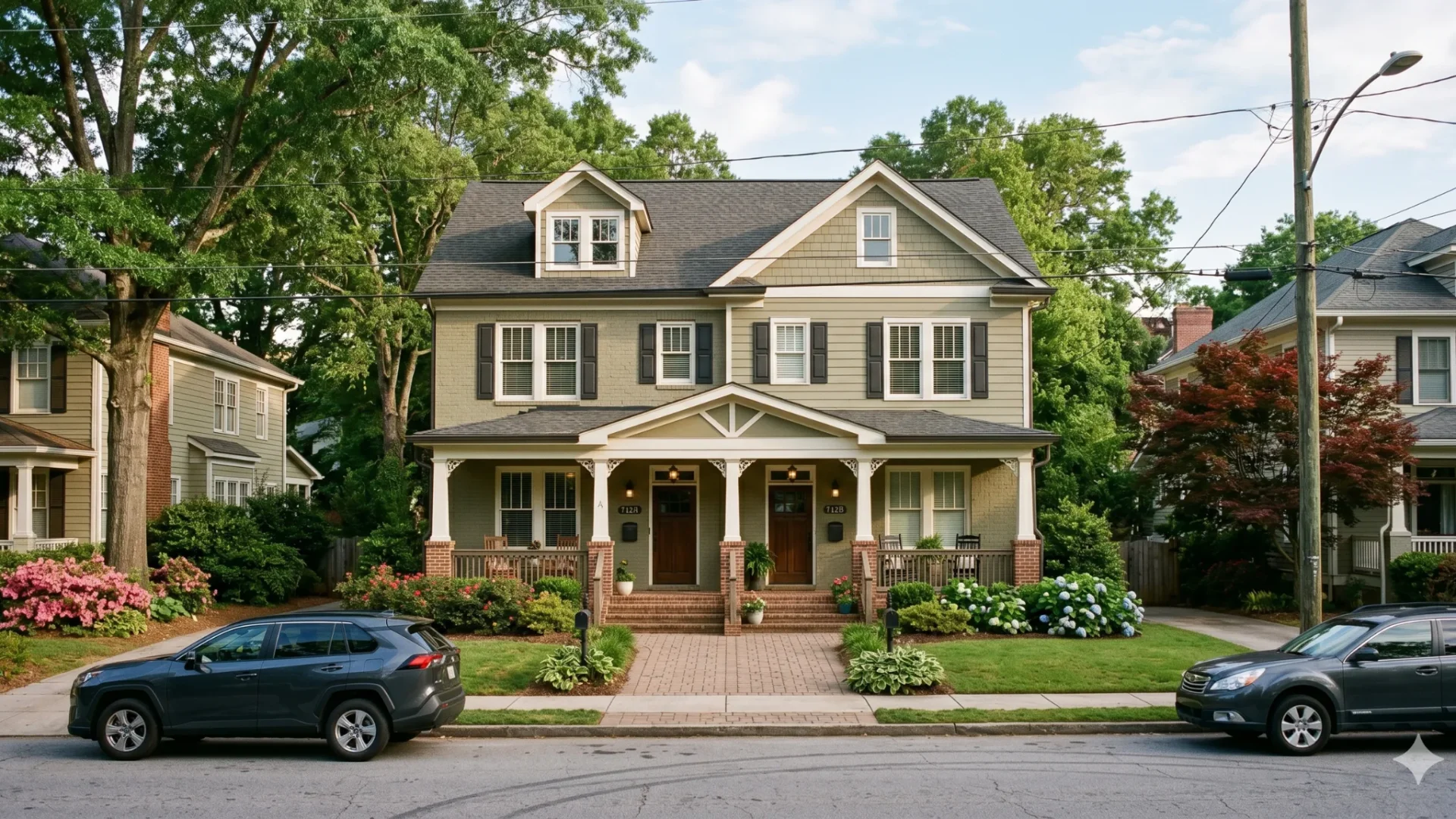 A two-storey house with a full-width front porch on a street with parked cars