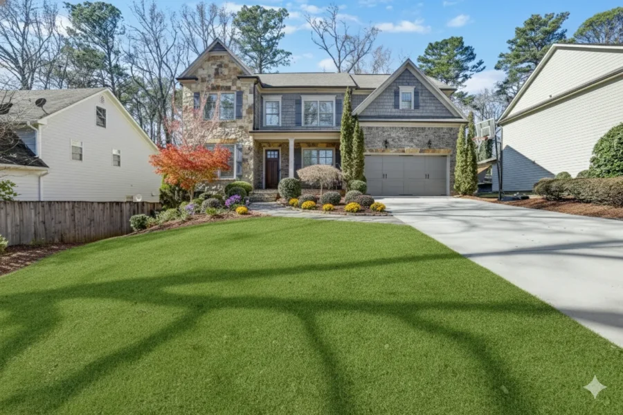 A two storey house with an attached garage across a mown striped lawn