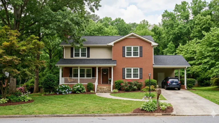 A two-storey house with red siding, a front porch and a carport under trees