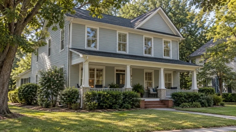 A two storey house with pale painted siding and a deep covered front porch seen at a slight angle from the street under mature shade trees