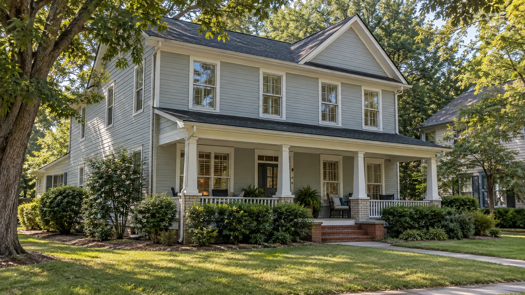 A two storey house with pale painted siding and a deep covered front porch seen at a slight angle from the street under mature shade trees