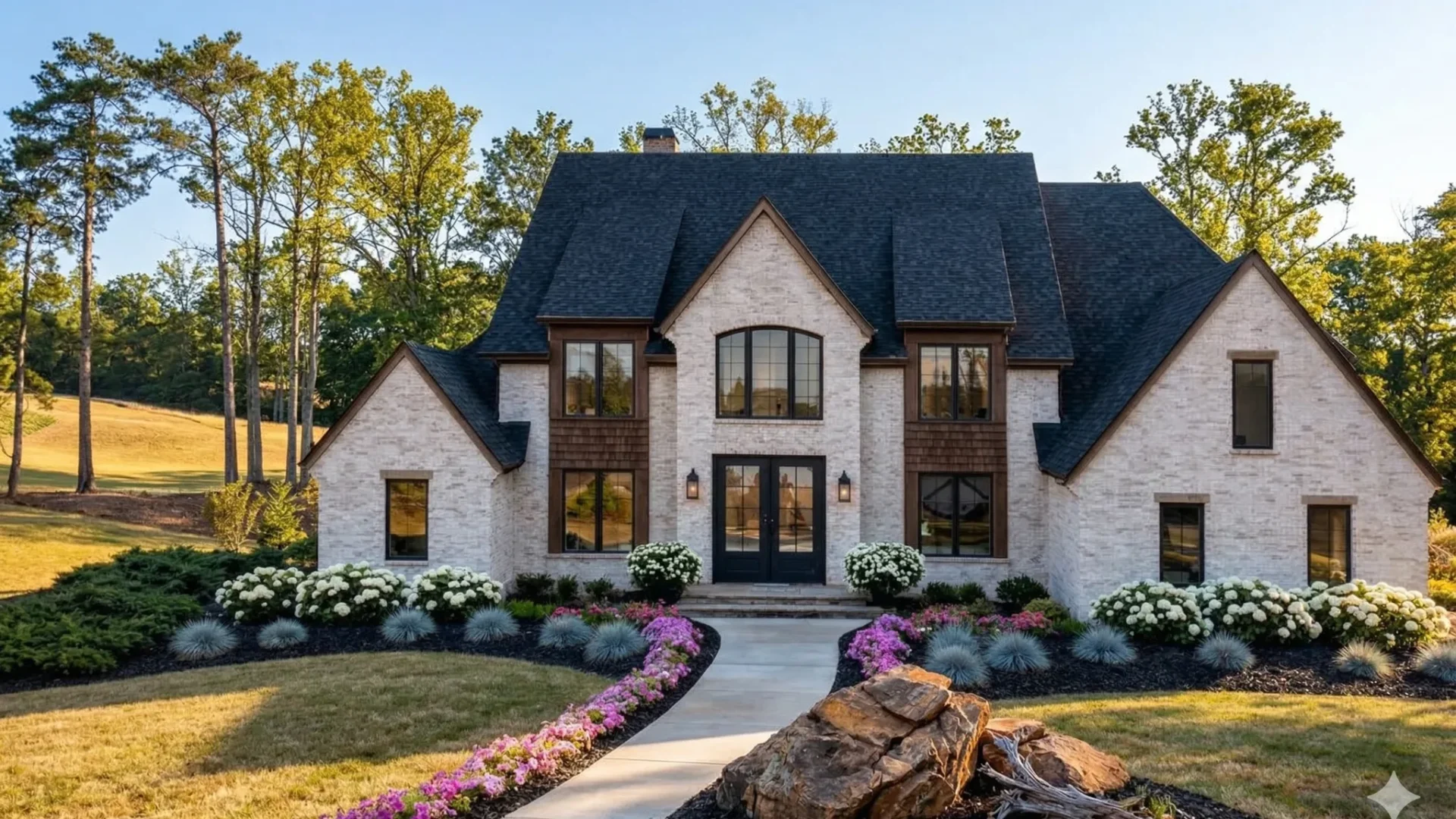 A large two story house with a steep dark roof and a mixed brick and shingle facade, with landscaped beds in front