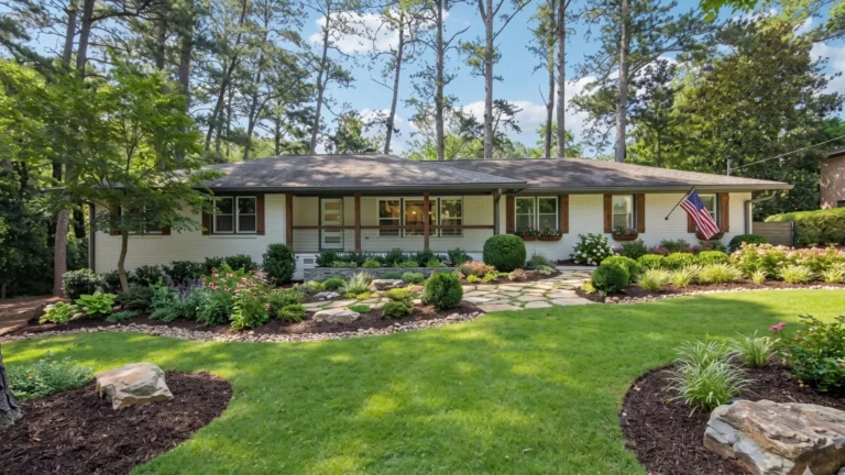 A long single story ranch house with a low roofline, landscaped front beds and tall pines behind