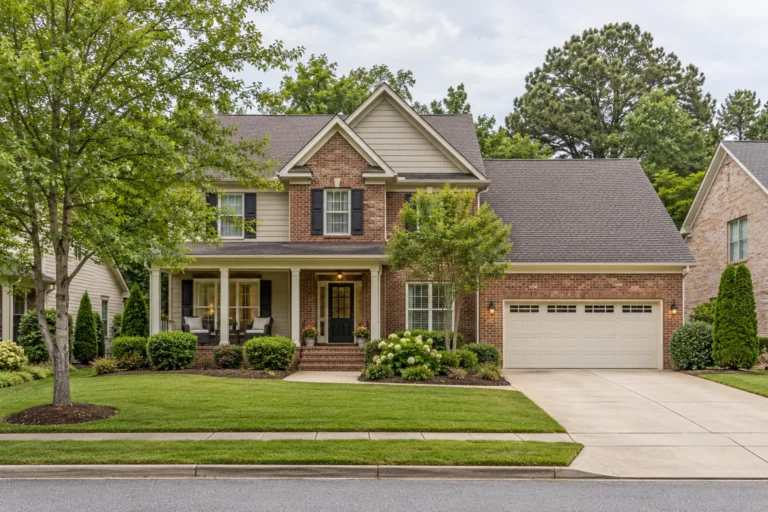 An ordinary brick and siding family house on an everyday street under soft overcast light, with a covered porch, mature planting and an empty driveway