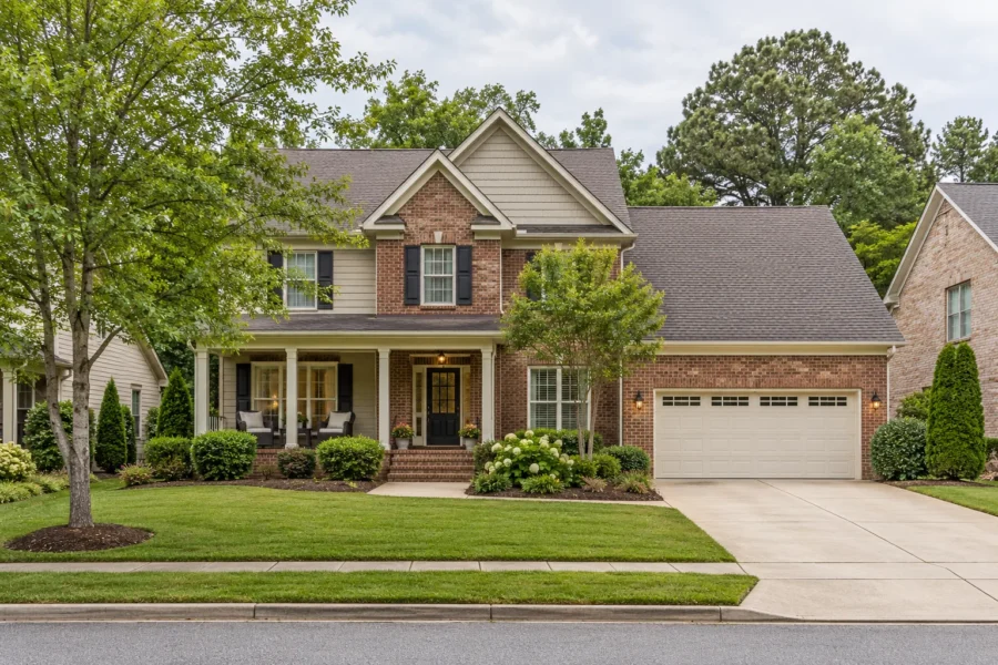 An ordinary brick and siding family house on an everyday street under soft overcast light, with a covered porch, mature planting and an empty driveway